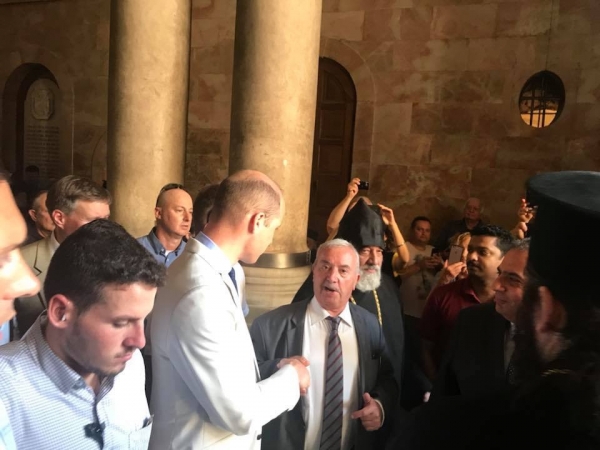 Mr. Wajeeh Nuseibeh receives Prince William the Duke of Cambridge at the Church of the Holy Sepulcher in  occupied East Jerusalem.